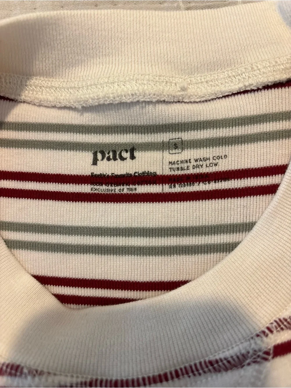 PACT Organic Cotton Burgundy Red Sage Green Striped Long Sleeve Pajama Set S